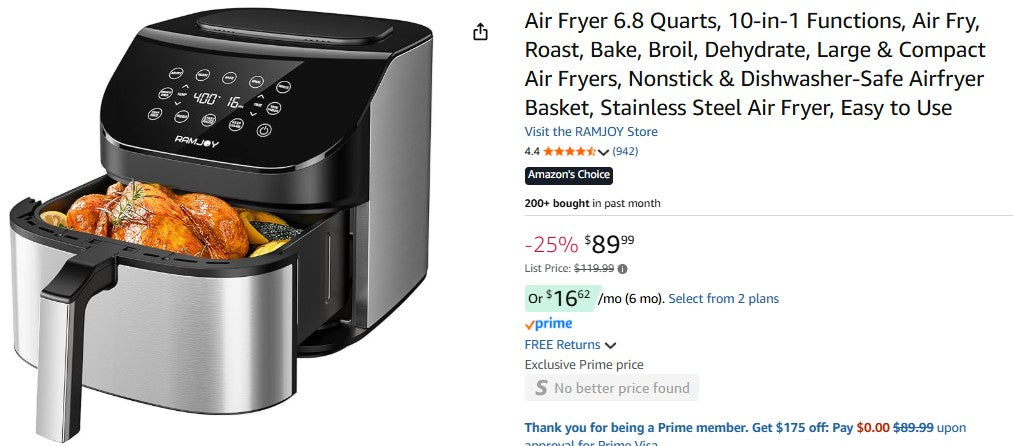 Air Fryer 6.8 Quarts, 10-in-1 Functions, Air Fry, Roast, Bake, Broil, Dehydrate