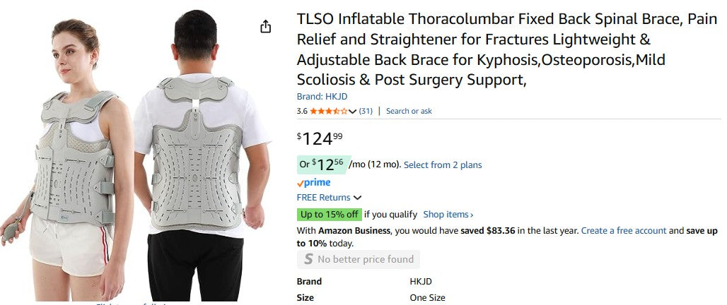 TLSO Inflatable Thoracolumbar Fixed Back Spinal Brace, Pain Relief and Straightener