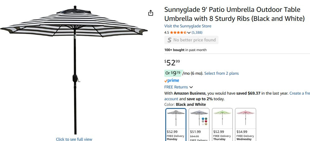 Sunnyglade 9' Patio Umbrella Outdoor Table Umbrella with 8 Sturdy Ribs (Black and White)