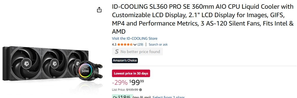 ID-COOLING SL360 PRO SE 360mm AIO CPU Liquid Cooler with Customizable LCD Display