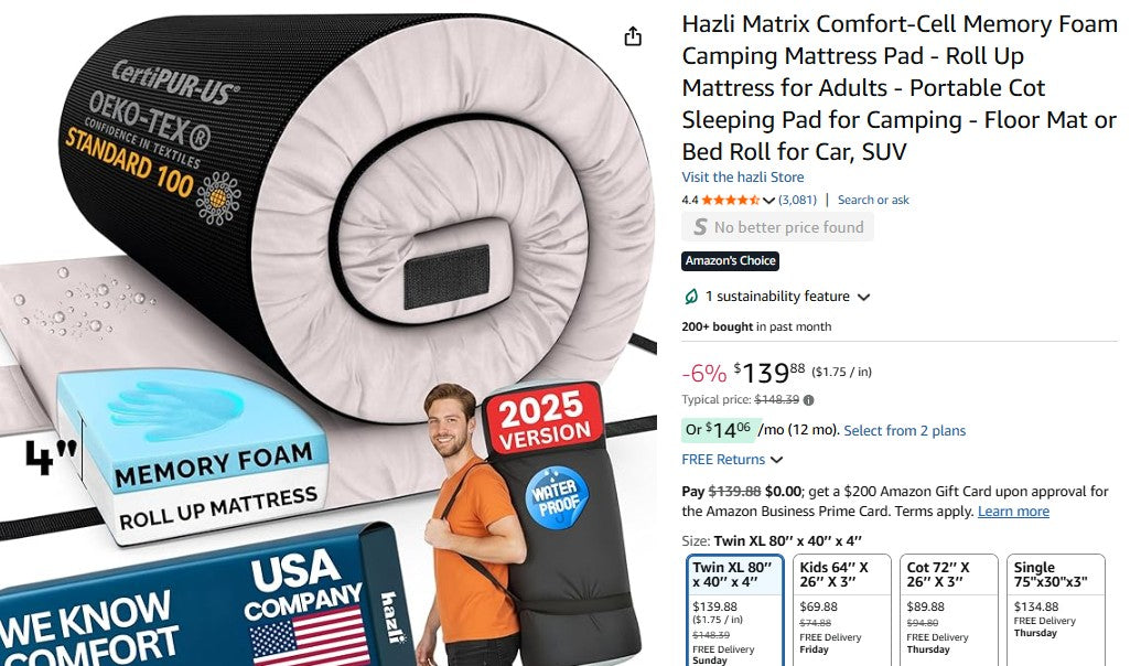 Hazli Matrix Comfort-Cell Memory Foam Camping Mattress Pad - Roll Up Mattress for Adults