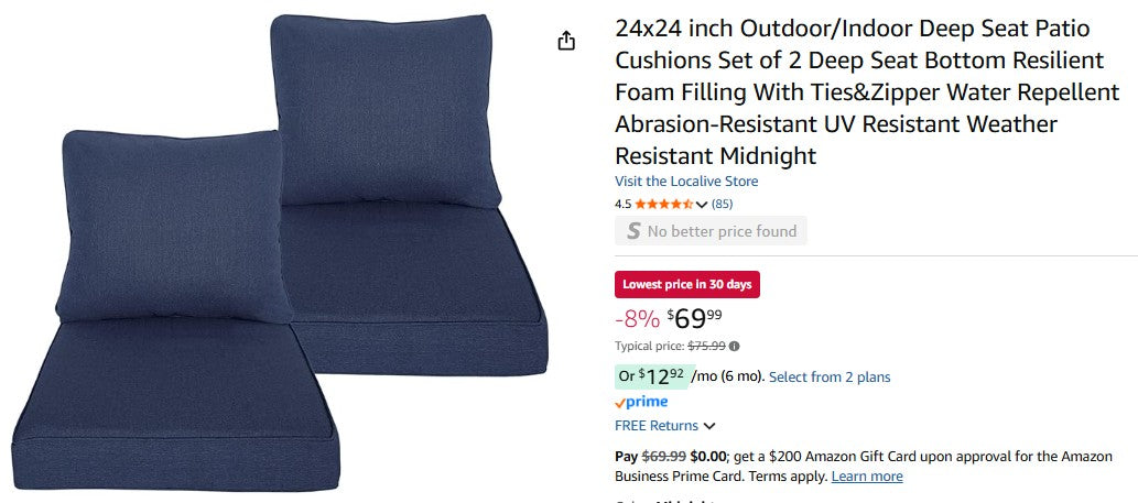 24x24 inch Outdoor/Indoor Deep Seat Patio Cushions Set of 2 Deep Seat Bottom Resilient Foam Filling