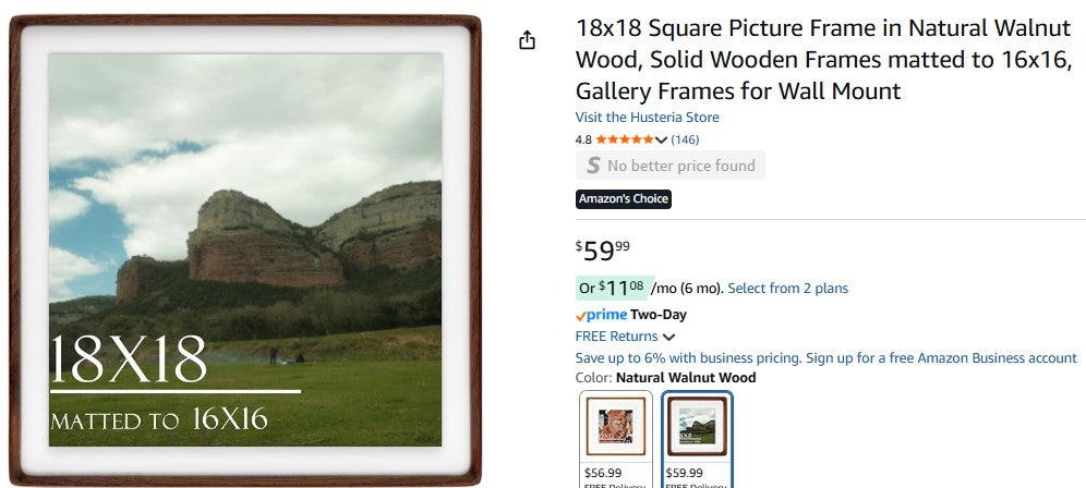 18x18 Square Picture Frame in Natural Walnut Wood, Solid Wooden Frames matted to 16x16