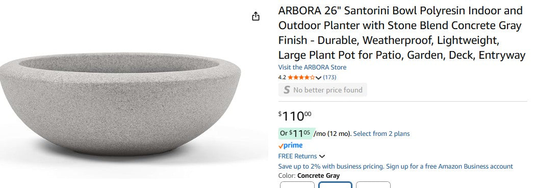 ARBORA 26" Santorini Bowl Polyresin Indoor and Outdoor Planter with Stone Blend Concrete Gray Finish