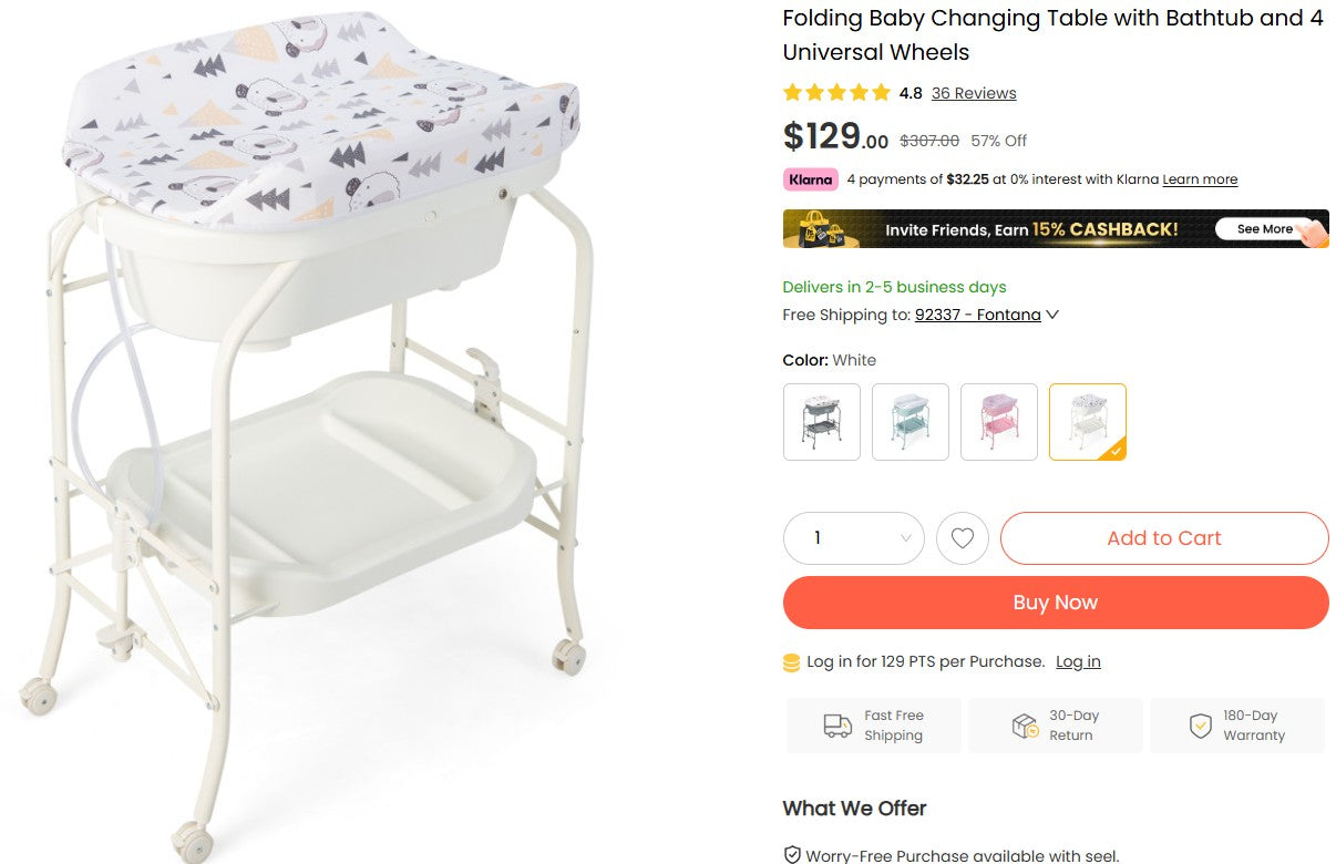 Folding Baby Changing Table with Bathtub and 4 Universal Wheels