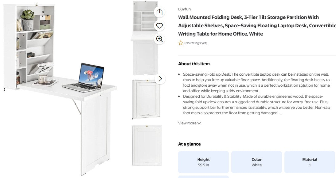 Wall Mounted Folding Desk, 3-Tier Tilt Storage Partition With Adjustable Shelves