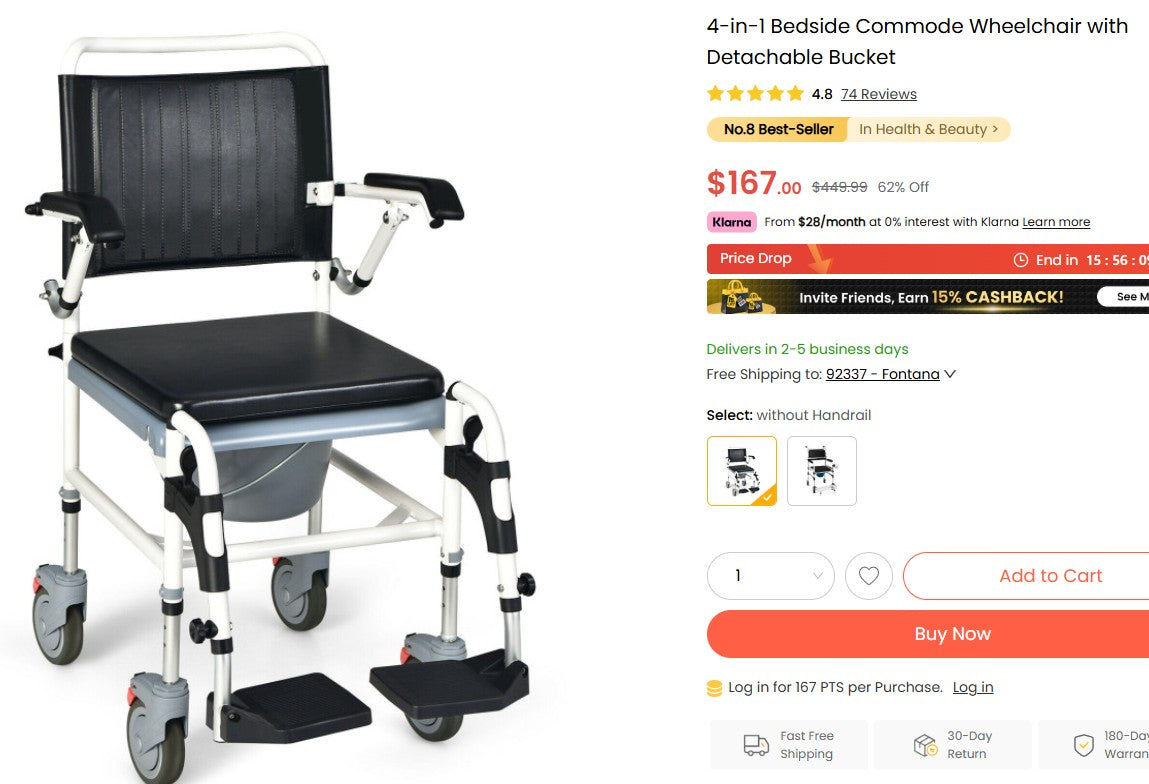 4-in-1 Bedside Commode Wheelchair with Detachable Bucket