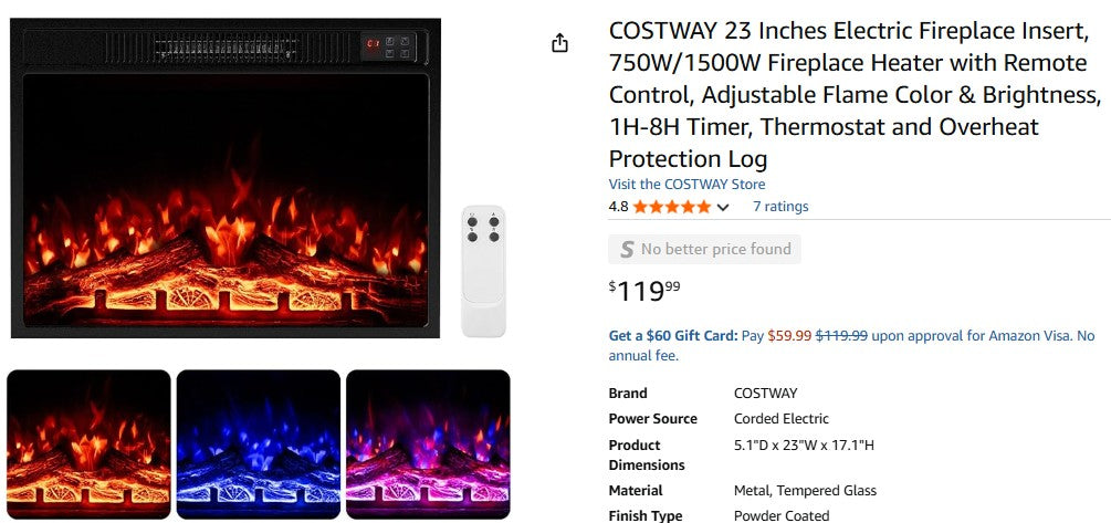 COSTWAY 23 Inches Electric Fireplace Insert, 750W/1500W Fireplace Heater with Remote Control