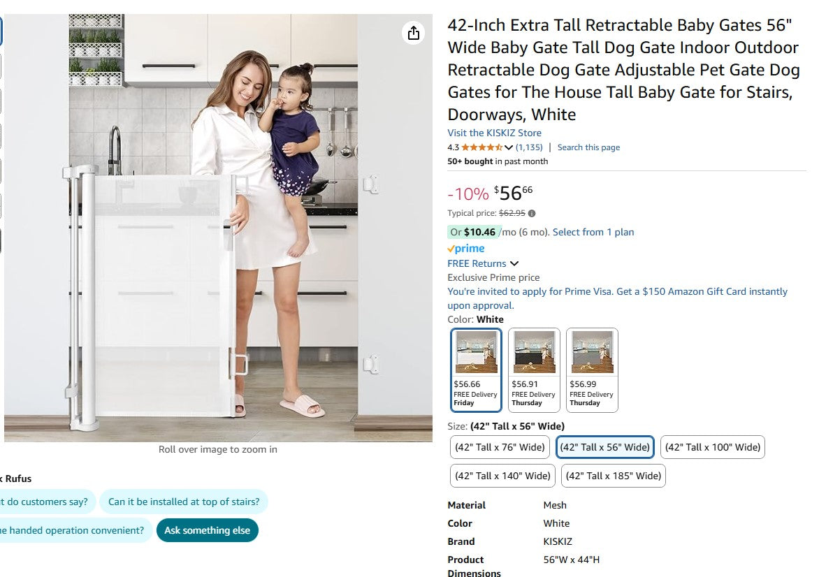 42" Tall X 56" Wide Retractable Baby Gates Extra Tall Baby Gate