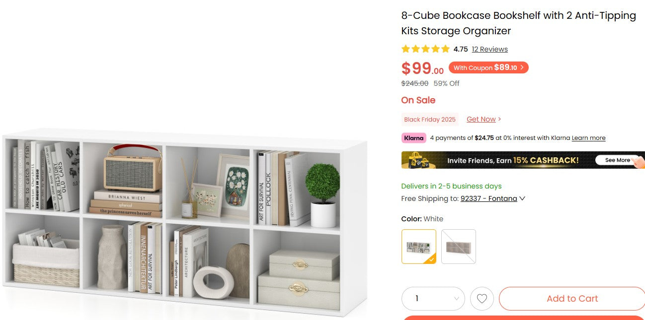 8-Cube Bookcase Bookshelf with 2 Anti-Tipping Kits Storage Organizer