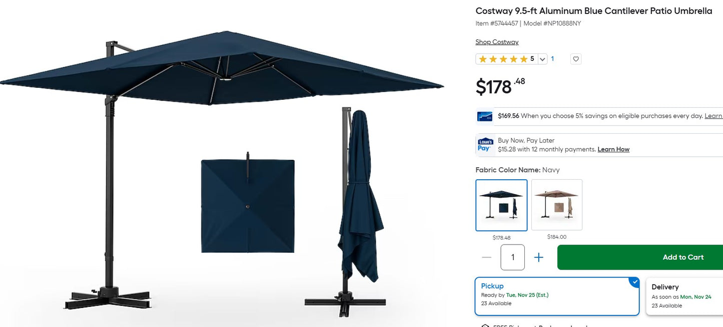 Costway 9.5-ft Aluminum Blue Cantilever Patio Umbrella