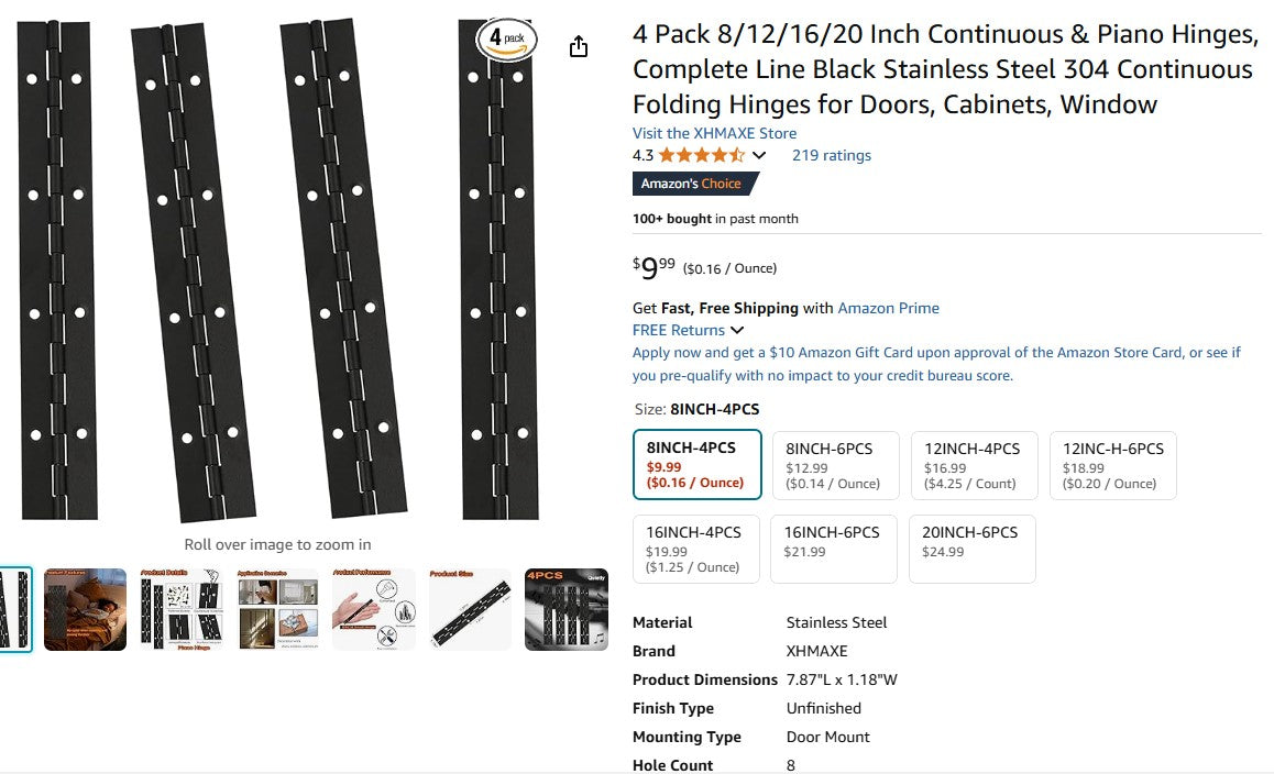 4 Pack 8 Inch Continuous & Piano Hinges, Complete Line Black Stainless Steel 304