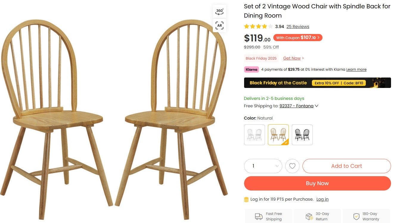 Set of 2 Vintage Wood Chair with Spindle Back for Dining Room