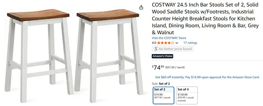 COSTWAY 24.5 Inch Bar Stools Set of 2, Solid Wood Saddle Stools w/Footrests