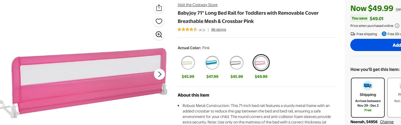 Babyjoy 71" Long Bed Rail for Toddlers with Removable Cover Breathable Mesh & Crossbar Pink