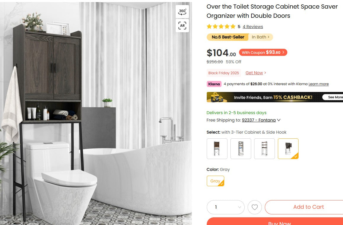 Over the Toilet Storage Cabinet Space Saver Organizer with Double Doors