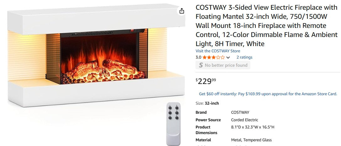 COSTWAY 3-Sided View Electric Fireplace with Floating Mantel 32-inch Wide
