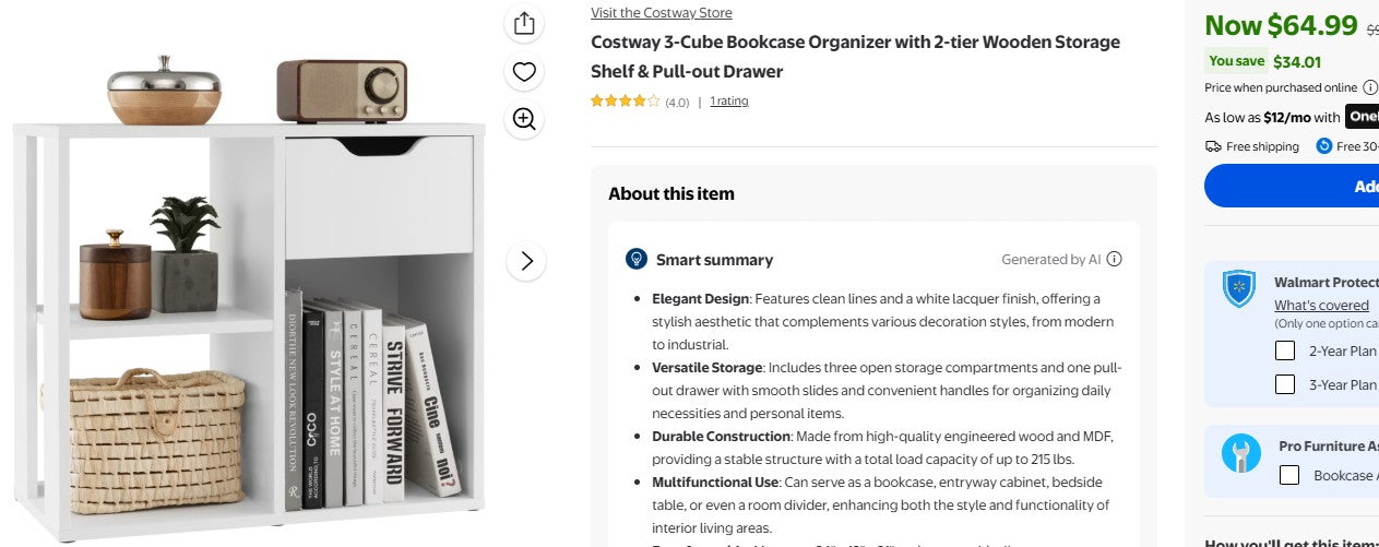 Costway 3-Cube Bookcase Organizer with 2-tier Wooden Storage Shelf & Pull-out Drawer