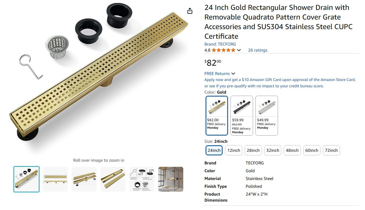 24 Inch Gold Rectangular Shower Drain with Removable Quadrato Pattern Cover Grate