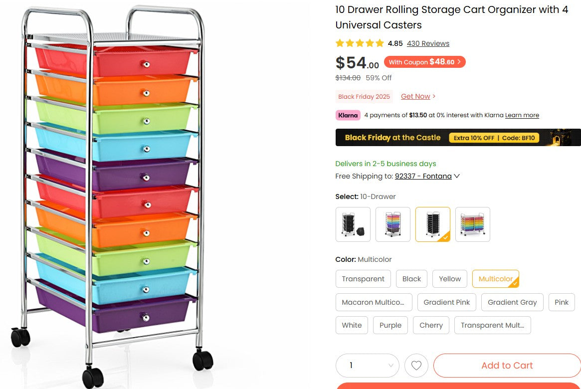 10 Drawer Rolling Storage Cart Organizer with 4 Universal Casters