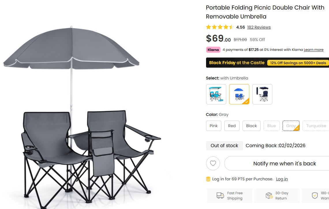 Gray - Portable Folding Picnic Double Chair With Removable Umbrella