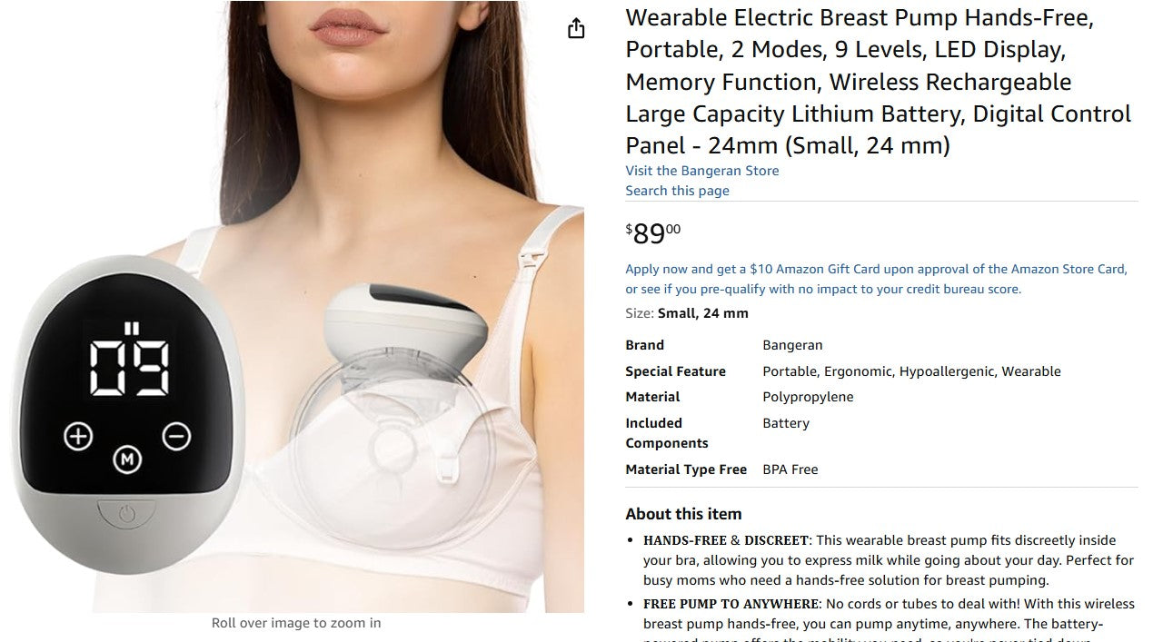 Wearable Electric Breast Pump Hands-Free, Portable, 2 Modes, 9 Levels, LED Display