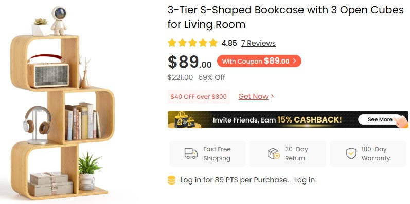 3-Tier S-Shaped Bookcase with 3 Open Cubes for Living Room