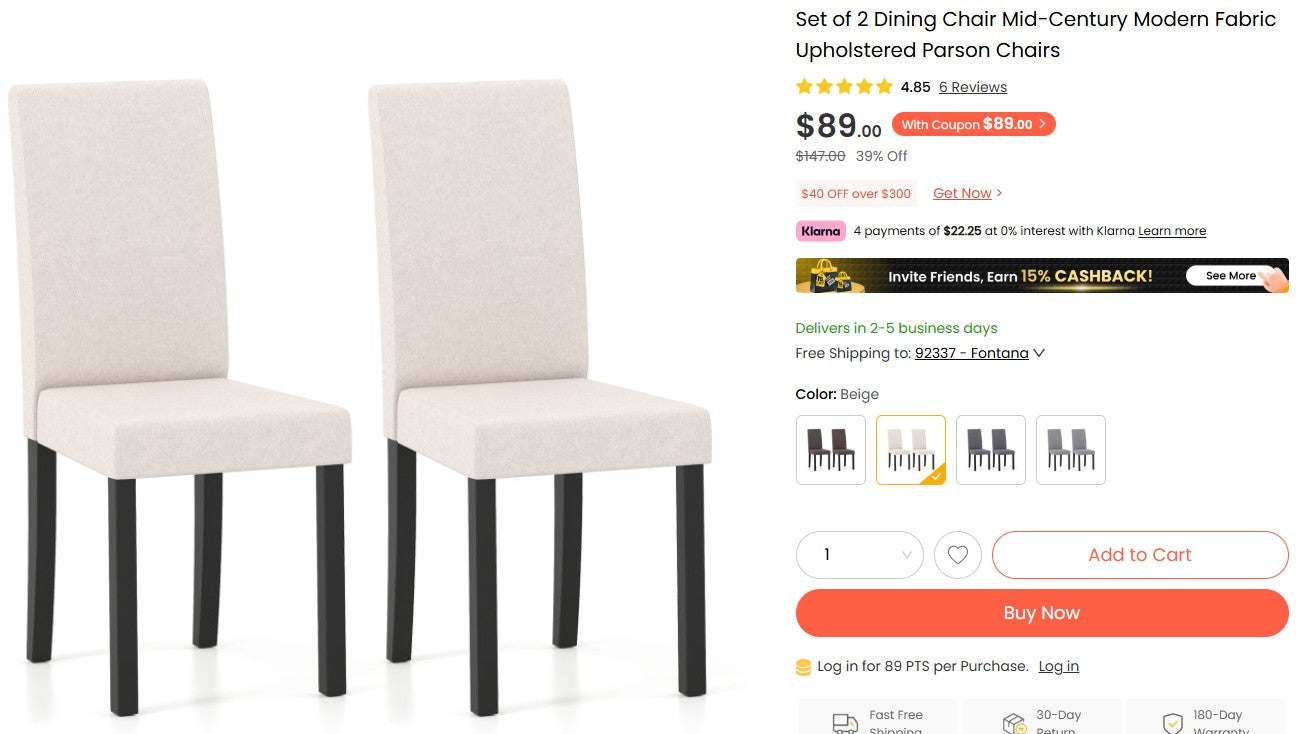Set of 2 Dining Chair Mid-Century Modern Fabric Upholstered Parson Chairs