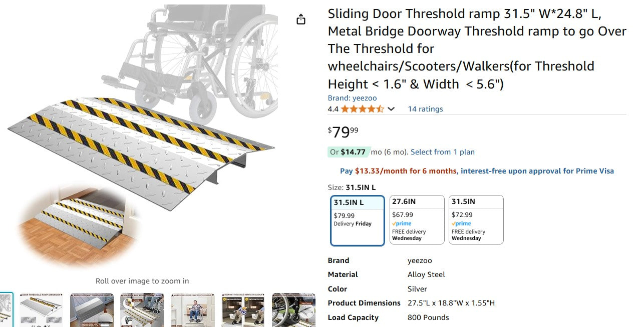 Sliding Door Threshold ramp 31.5" W*24.8" L, Metal Bridge Doorway Threshold ramp