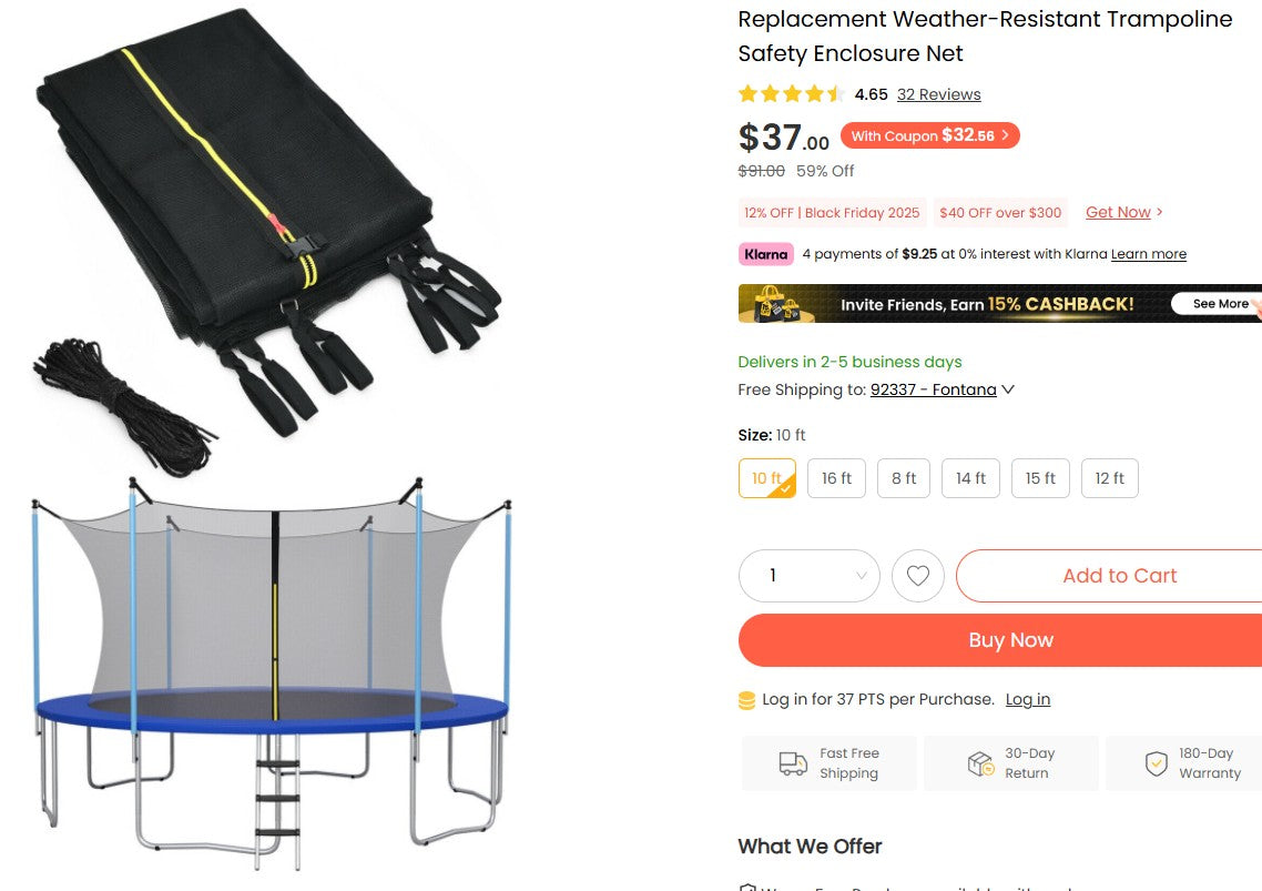 10FT Replacement Weather-Resistant Trampoline Safety Enclosure Net