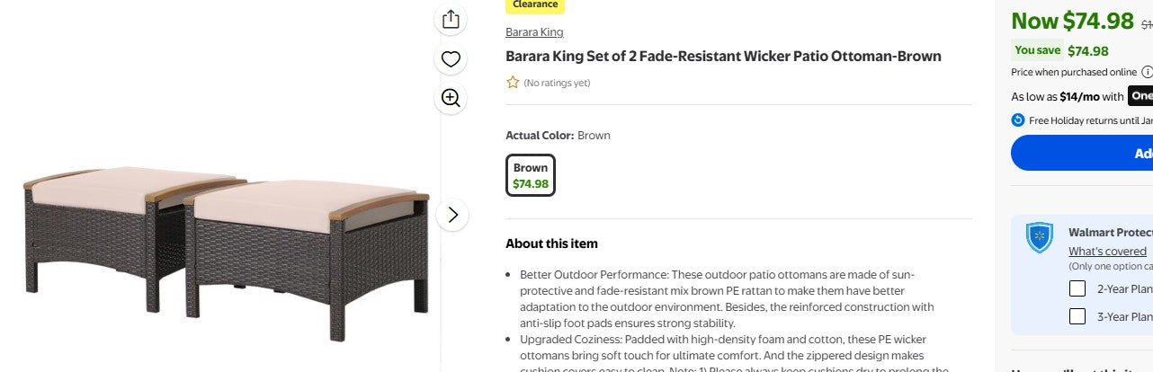 Barara King Set of 2 Fade-Resistant Wicker Patio Ottoman-Brown