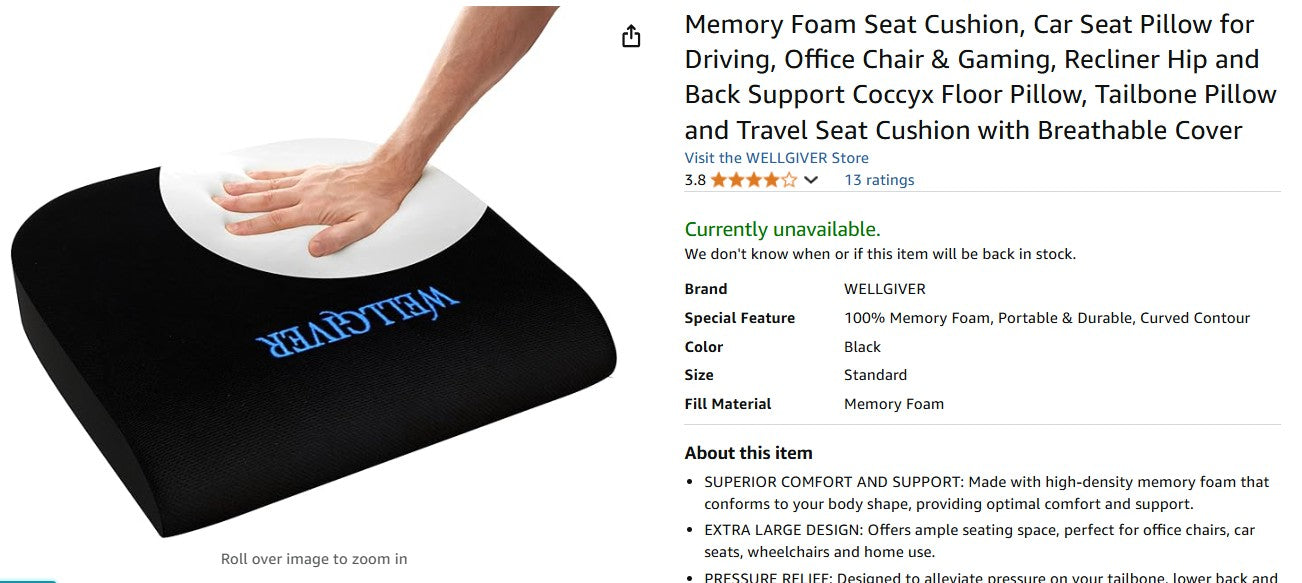 Memory Foam Seat Cushion, Car Seat Pillow for Driving, Office Chair & Gaming