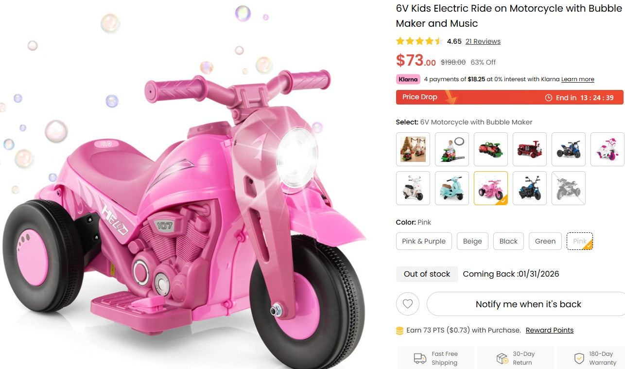 6V Kids Electric Ride on Motorcycle with Bubble Maker and Music