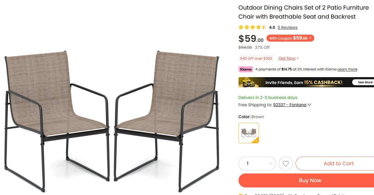 Outdoor Dining Chairs Set of 2 Patio Furniture Chair with Breathable Seat and Backrest