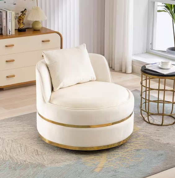 Beige Soft Velvet 360° Swivel Accent Chair, Barrel Chair with Pillow