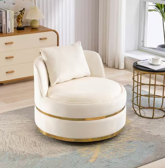 Beige Soft Velvet 360° Swivel Accent Chair, Barrel Chair with Pillow
