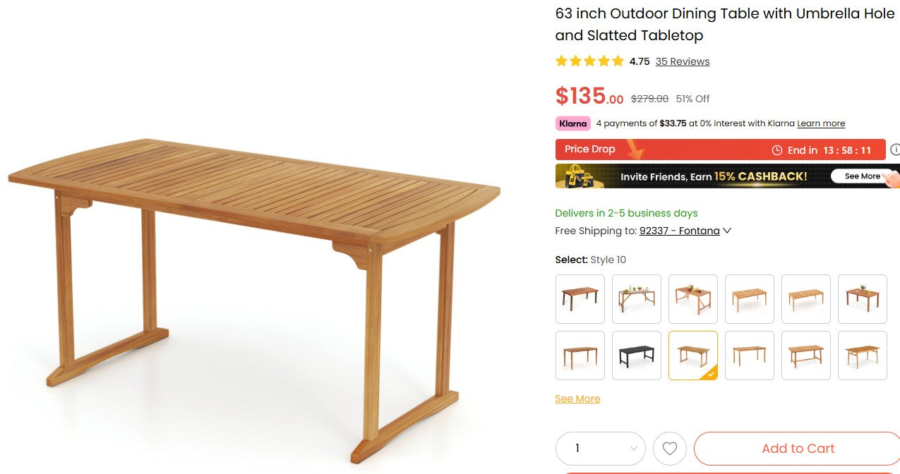 63 inch Outdoor Dining Table with Umbrella Hole and Slatted Tabletop