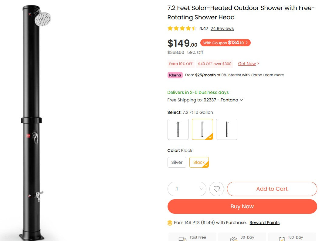 7.2 Feet Solar-Heated Outdoor Shower with Free-Rotating Shower Head