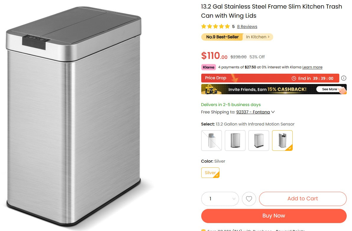 13.2 Gal Stainless Steel Frame Slim Kitchen Trash Can with Wing Lids