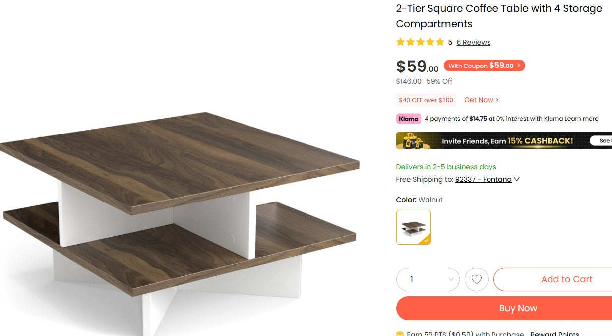 2-Tier Square Coffee Table with 4 Storage Compartments