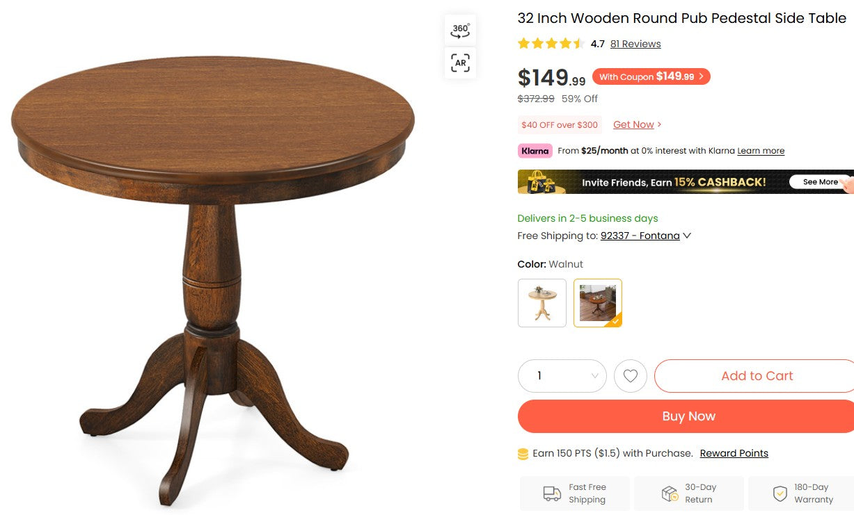 32 Inch Wooden Round Pub Pedestal Side Table
