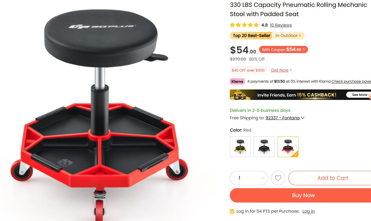 330 LBS Capacity Pneumatic Rolling Mechanic Stool with Padded Seat