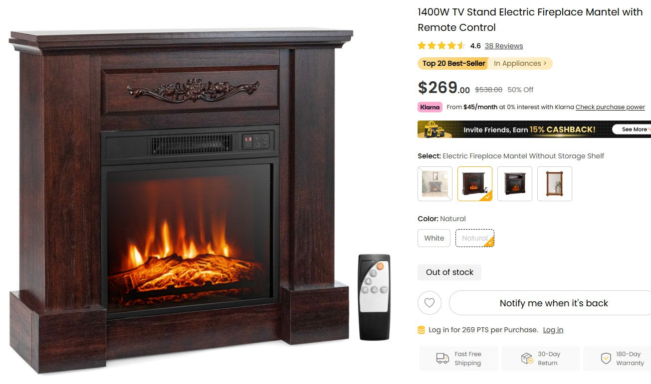 1400W TV Stand Electric Fireplace Mantel with Remote Control