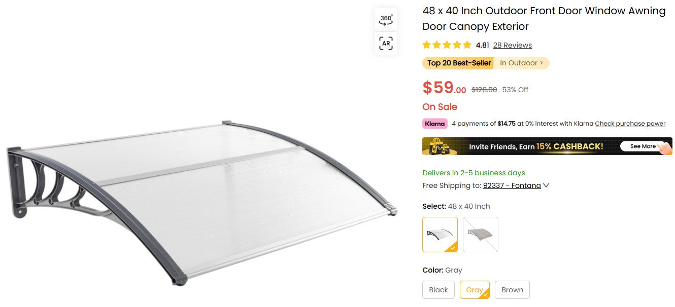 48 x 40 Inch Outdoor Front Door Window Awning Door Canopy Exterior