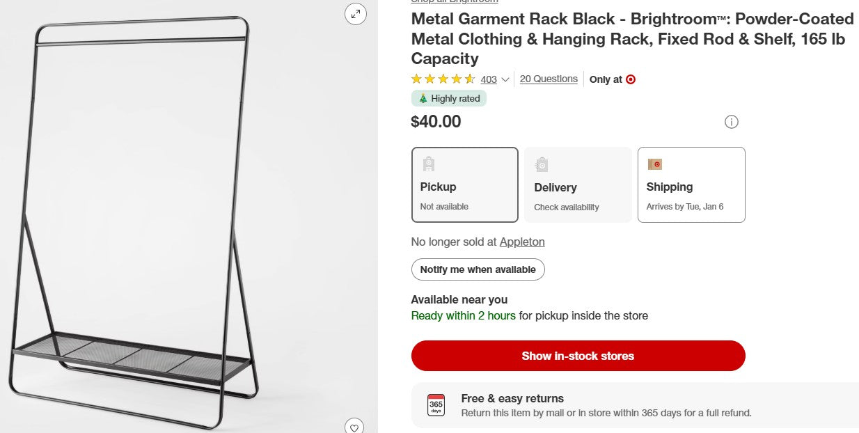 Powder-Coated Metal Clothing & Hanging Rack, Fixed Rod & Shelf, 165 lb Capacity