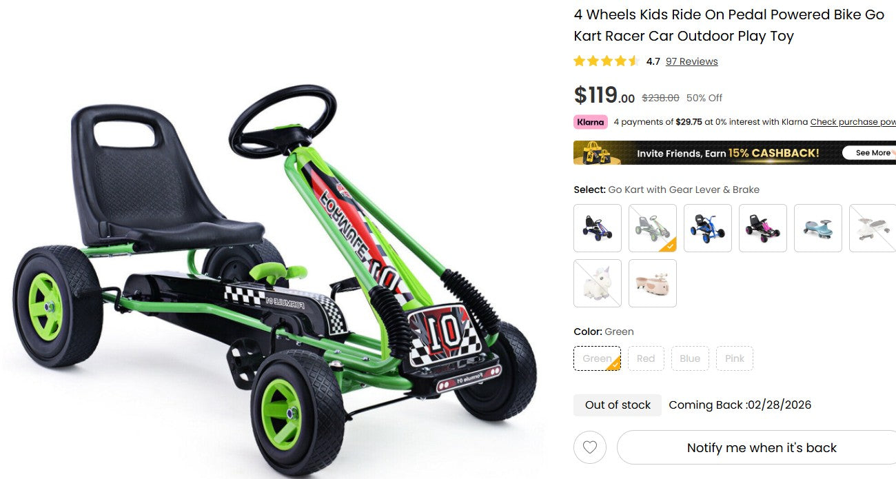 4 Wheels Kids Ride On Pedal Powered Bike Go Kart Racer Car Outdoor Play Toy