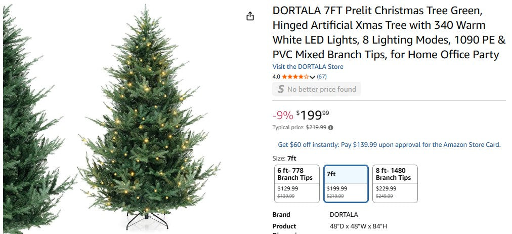 DORTALA 7FT Prelit Christmas Tree Green, Hinged Artificial Xmas Tree with 340 Warm White LED Lights