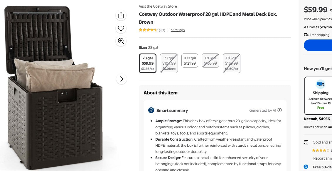 Costway Outdoor Waterproof 28 gal HDPE and Metal Deck Box, Brown