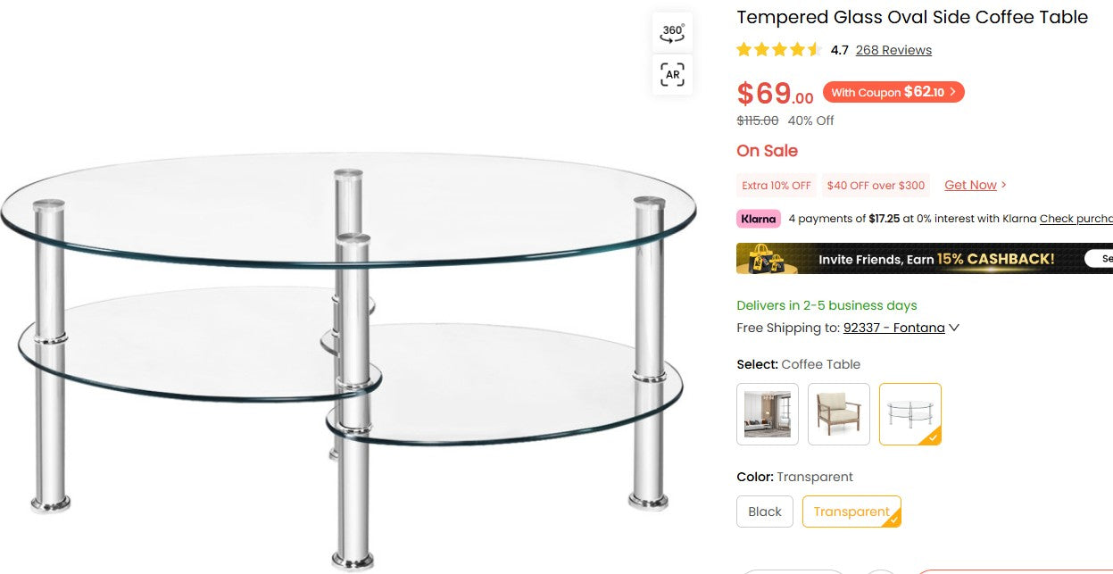 Tempered Glass Oval Side Coffee Table