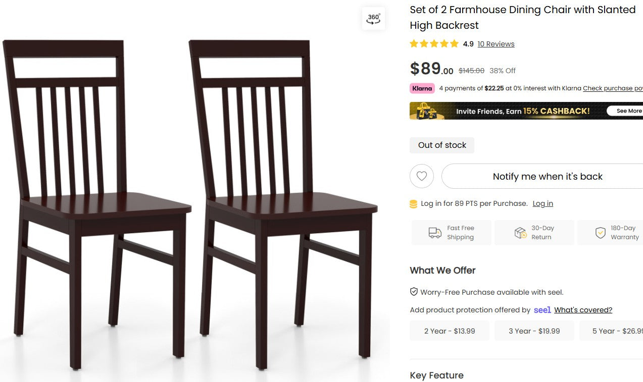 Set of 2 Farmhouse Dining Chair with Slanted High Backrest